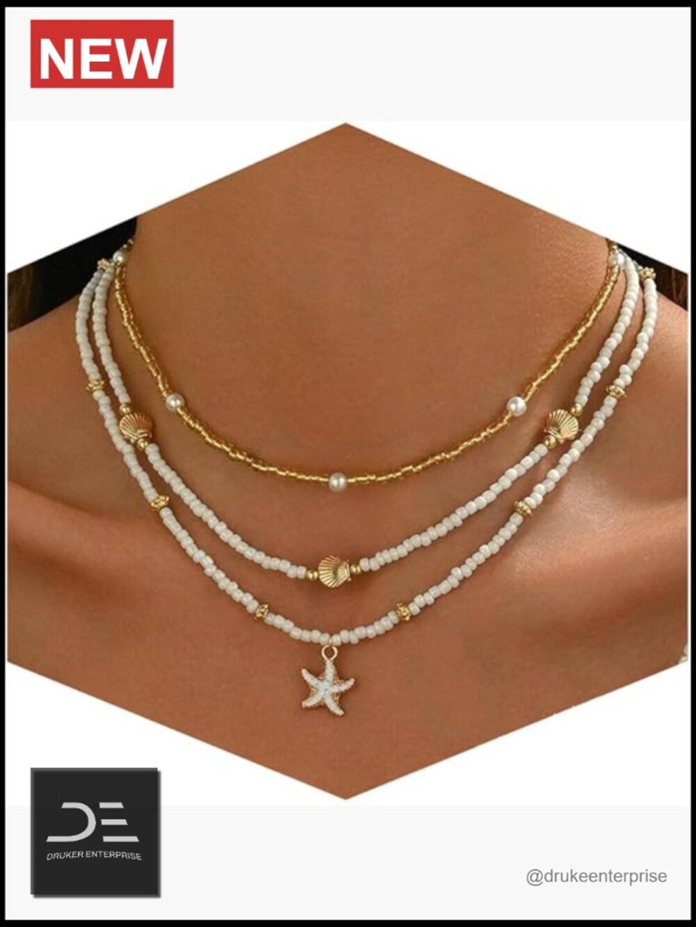 14k Gold Plated Boho Layered Beaded Charm Pendant Necklace Set